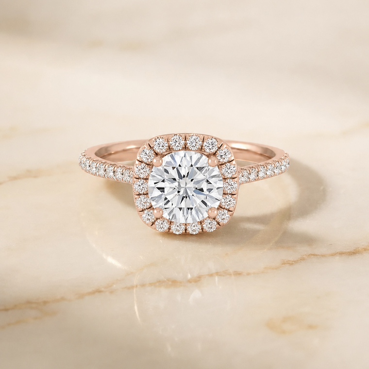 The Everly Classic Shared Prong Halo Round Engagement Ring Setting in 14K Rose Gold