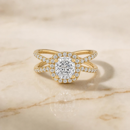 The Joan Crossover Pavé Halo Cushion Cut Engagement Ring Setting in 18K Yellow Gold