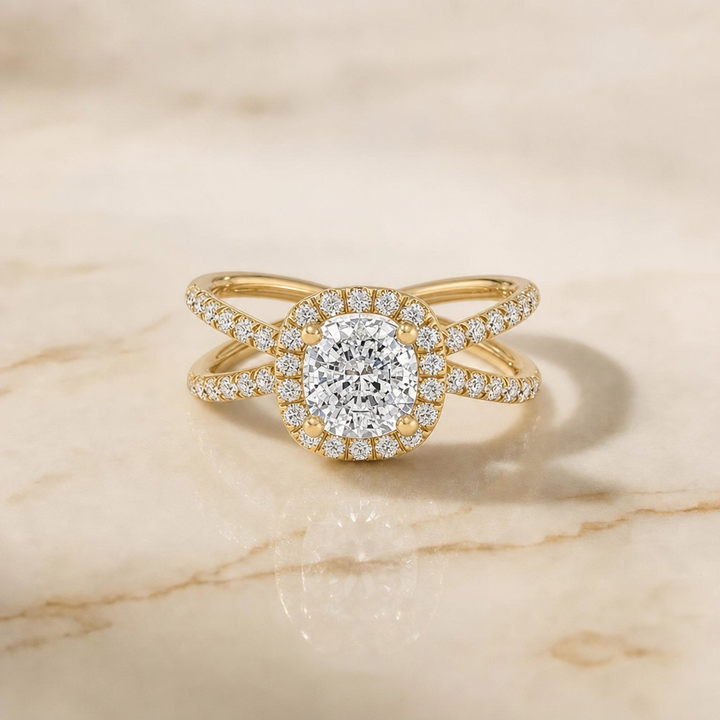 The Joan Crossover Pavé Halo Cushion Cut Engagement Ring Setting in 18K Yellow Gold