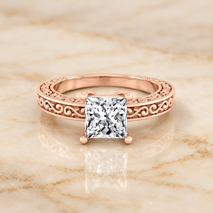 The Veronica Hand Engraved Scroll Vintage Solitaire Princess Cut Engagement Ring Setting in 14K Rose Gold