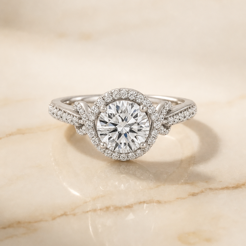 The Bess Love Knot Pavé Halo Round Engagement Ring Setting in Platinum