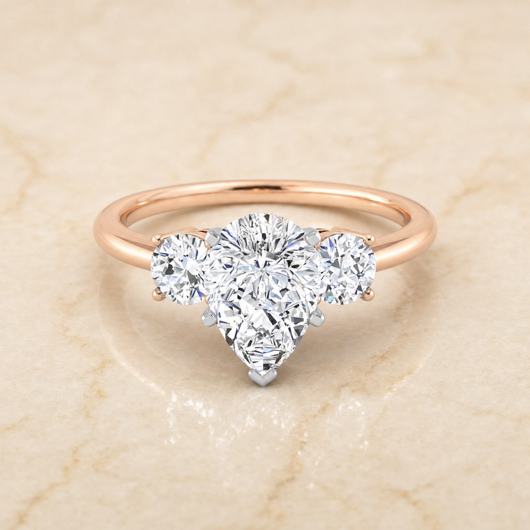 The Anita Classic Three Stone Pear Engagement Ring Setting in 14K Rose Gold