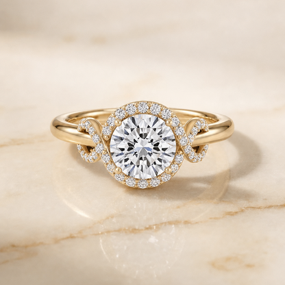 The Calista Love Knot Halo Round Engagement Ring Setting in 18K Yellow Gold