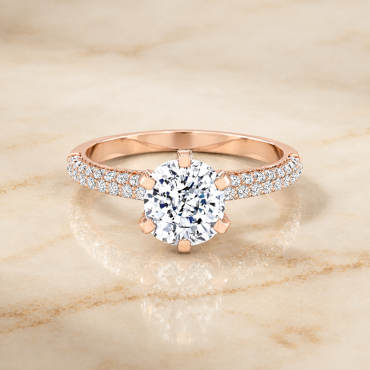 The Daisy Three Row French Pavé Cushion Cut Engagement Ring Setting in 14K Rose Gold