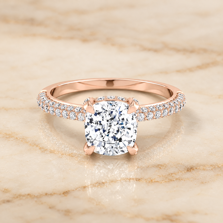 The Tina Triple Row Pavé Cushion Cut Engagement Ring Setting in 14K Rose Gold