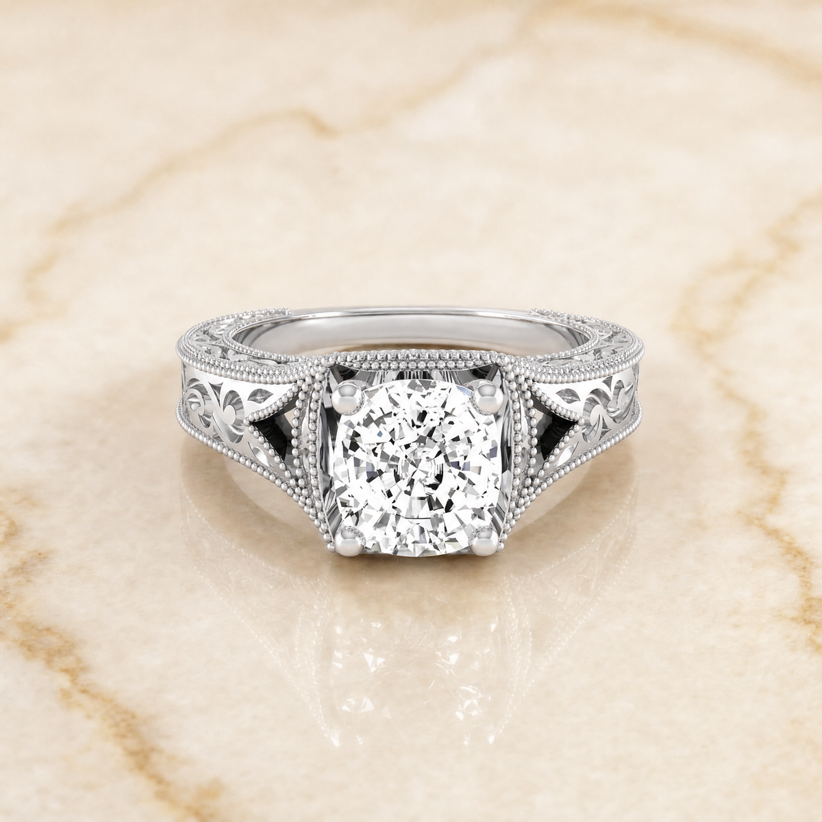 The Janis Hand Engraved Milgrain Vintage Solitaire Cushion Cut Engagement Ring Setting in Platinum