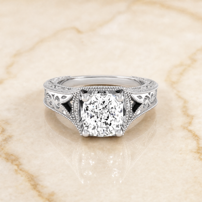 The Janis Hand Engraved Milgrain Vintage Solitaire Cushion Cut Engagement Ring Setting in Platinum