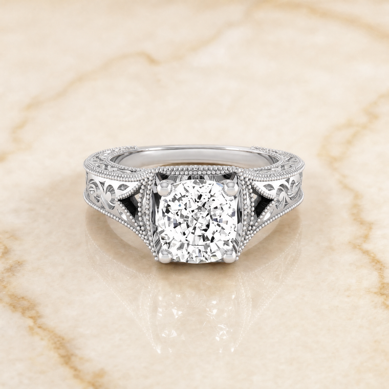The Janis Hand Engraved Milgrain Vintage Solitaire Cushion Cut Engagement Ring Setting in Platinum
