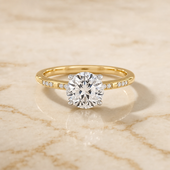 The Wanda Hidden Halo Pavé Solitaire Round Engagement Ring Setting in 18K Yellow Gold