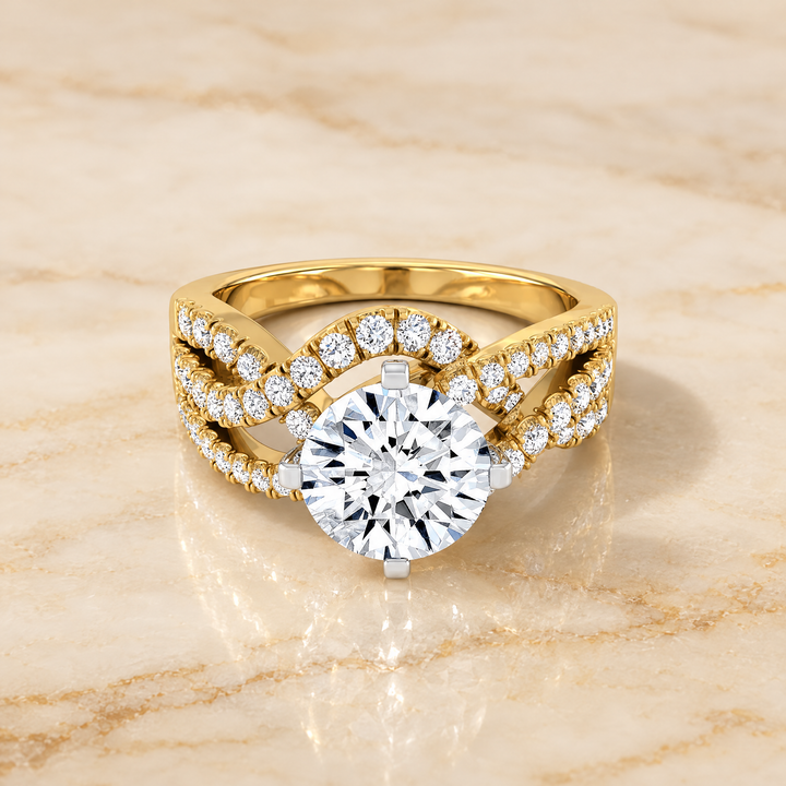 The Marguerite Bypass Twist Pavé Swirl Round Engagement Ring Setting in 18K Yellow Gold