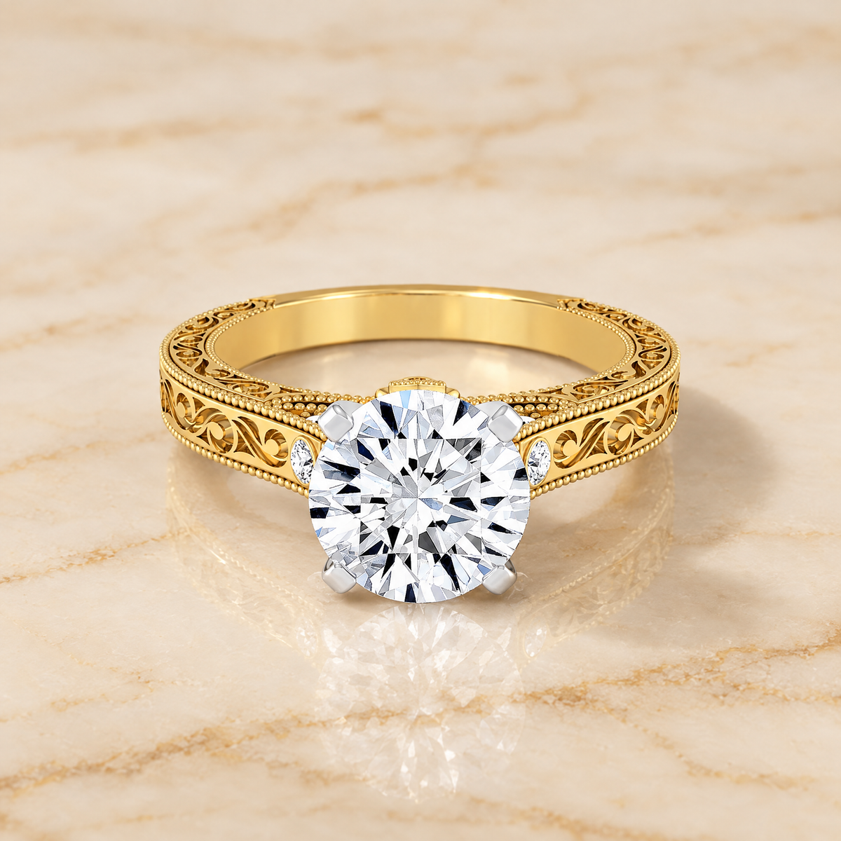 The Stella Antique Hand Engraved Solitaire Round Engagement Ring Setting in 18K Yellow Gold