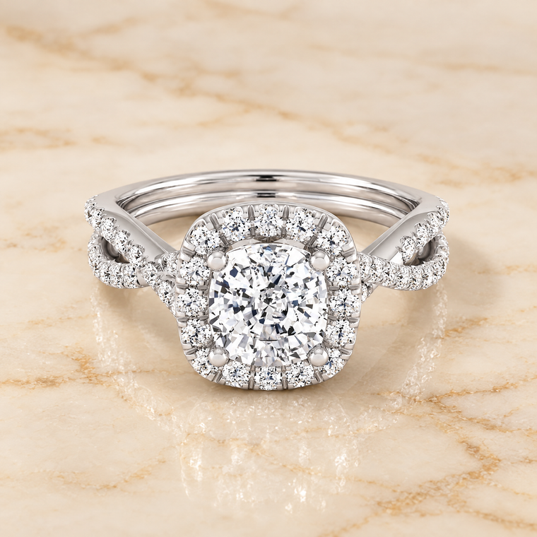 The Audra Twisted Scalloped Pavé Halo Cushion Cut Engagement Ring Setting in 18K White Gold