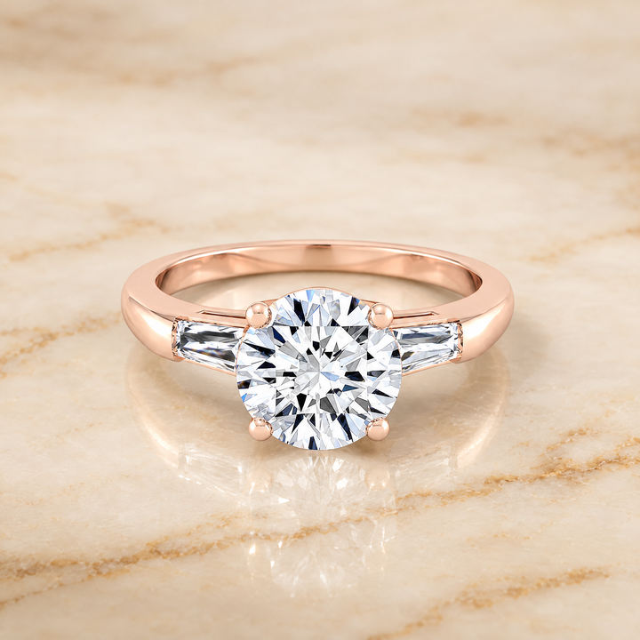 The Caroline Three Stone Round Engagement Ring Setting in 14K Rose Gold