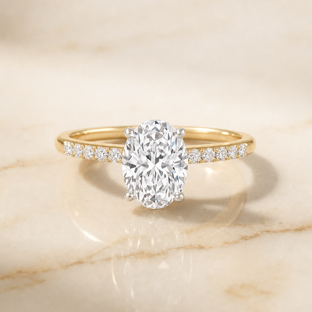 The Cherie Hidden Halo Pavé Solitaire Oval Engagement Ring Setting in 18K Yellow Gold