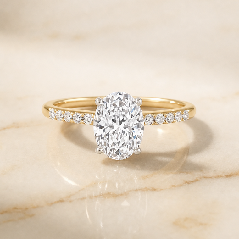 The Cherie Hidden Halo Pavé Solitaire Oval Engagement Ring Setting in 18K Yellow Gold