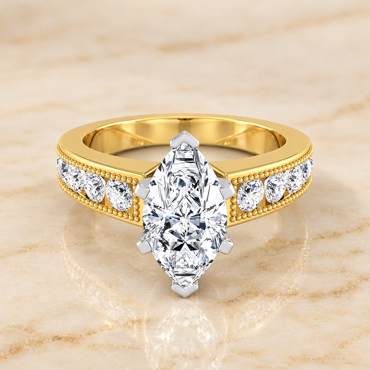 The Eleanor Antique Milgrain Channel Solitaire Marquise Engagement Ring Setting in 18K Yellow Gold
