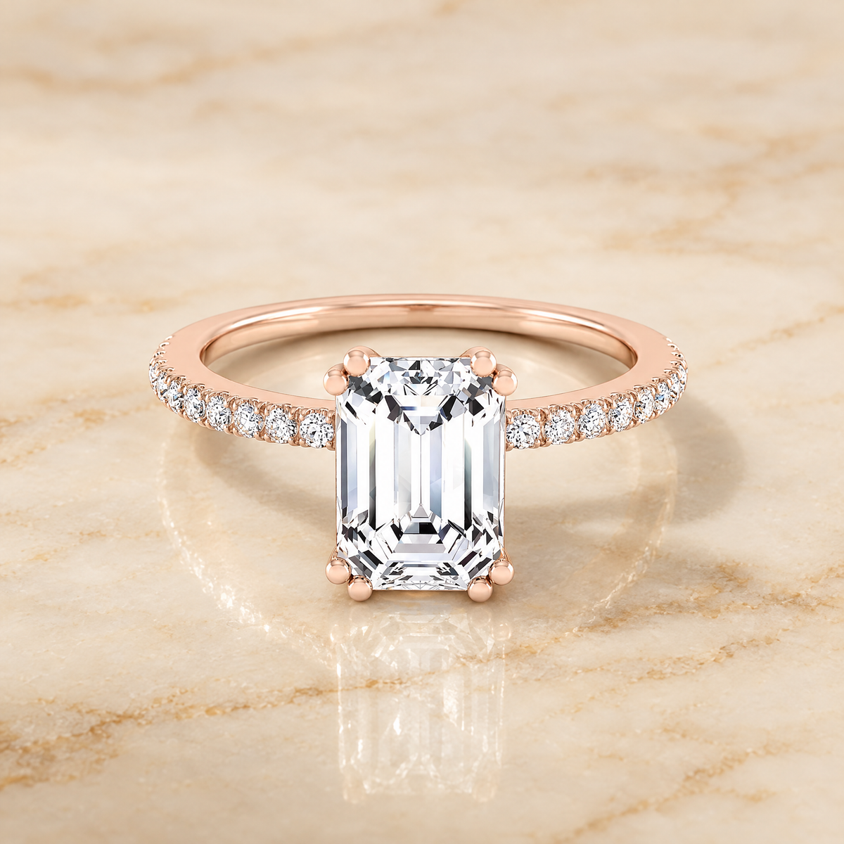 The Kelly Double Claw Prong French Pavé Emerald Cut Engagement Ring Setting in 14K Rose Gold