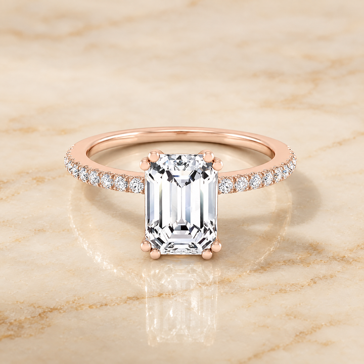 The Kelly Double Claw Prong French Pavé Emerald Cut Engagement Ring Setting in 14K Rose Gold
