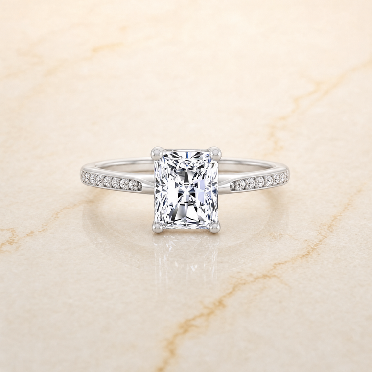 The Carrie Pavé Radiant Cut Engagement Ring Setting in 18K White Gold