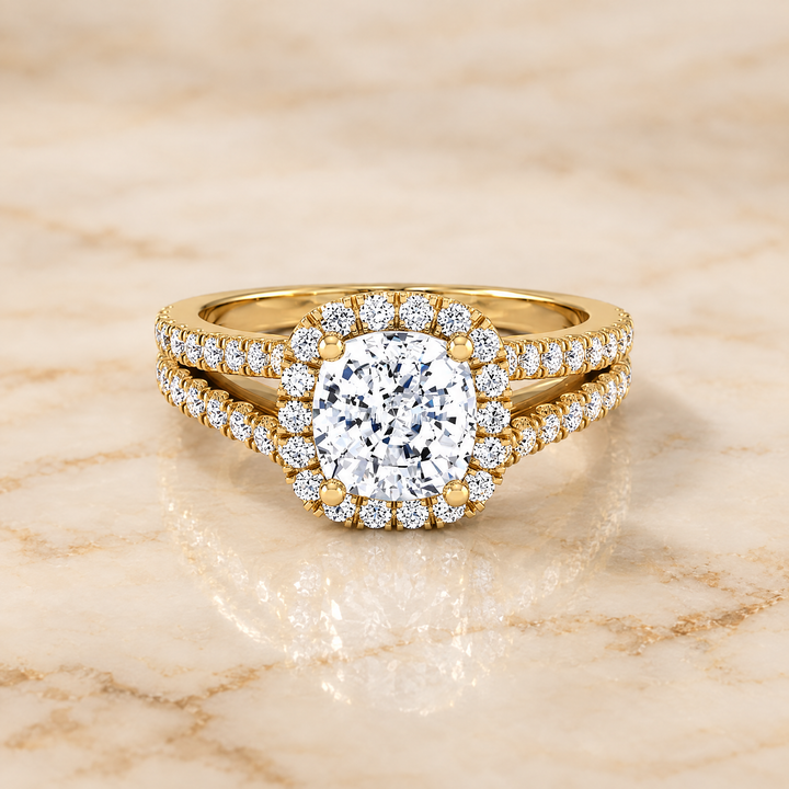 Cushion engagement ring setting in 18K Yellow Gold, Aretha Split Shank Pavé Halo Cushion Cut | RockHer