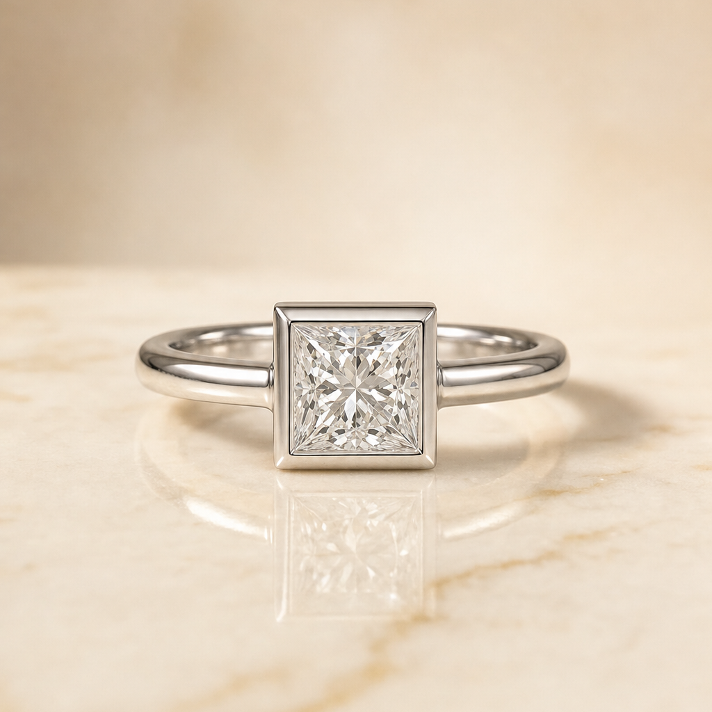 The Agnes Bezel Solitaire In Princess Cut Engagement Ring Setting in 18K White Gold