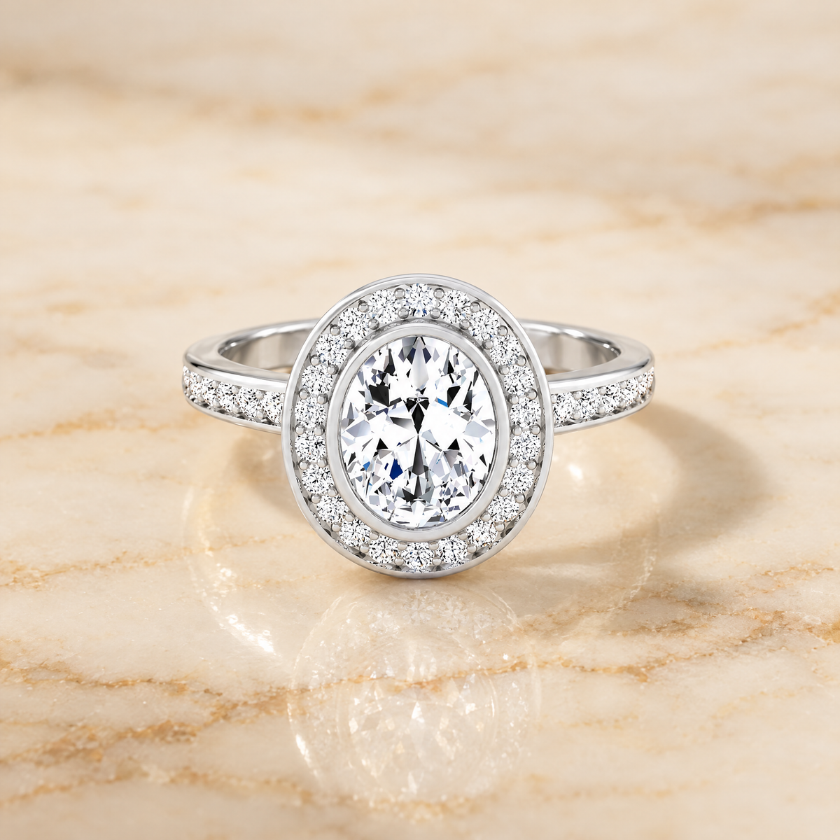The Marcia Bezel Halo Channel Band Oval Engagement Ring Setting in 18K White Gold