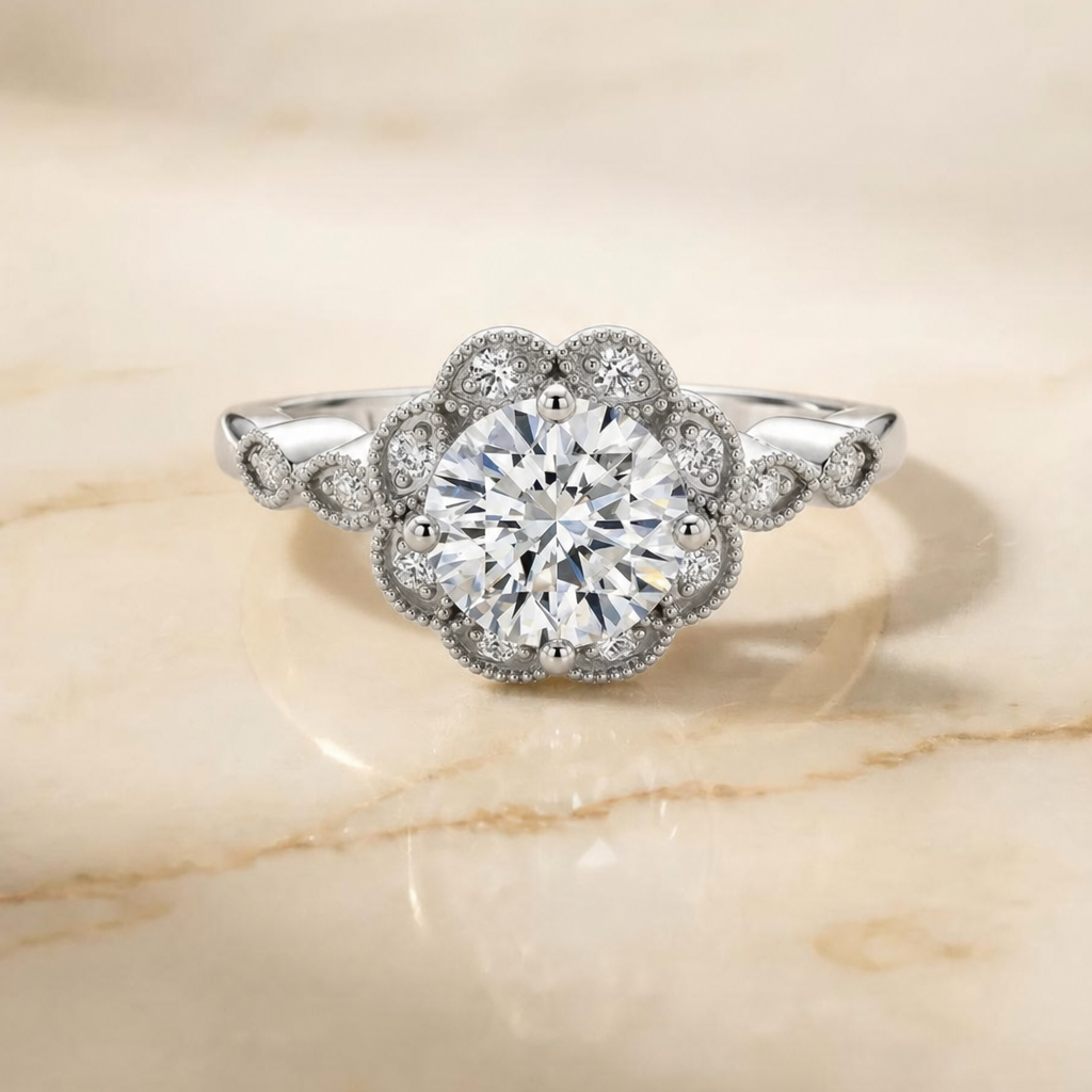 The Shania Beaded Floral Halo Leaf Shoulders Round Engagement Ring Setting in Platinum