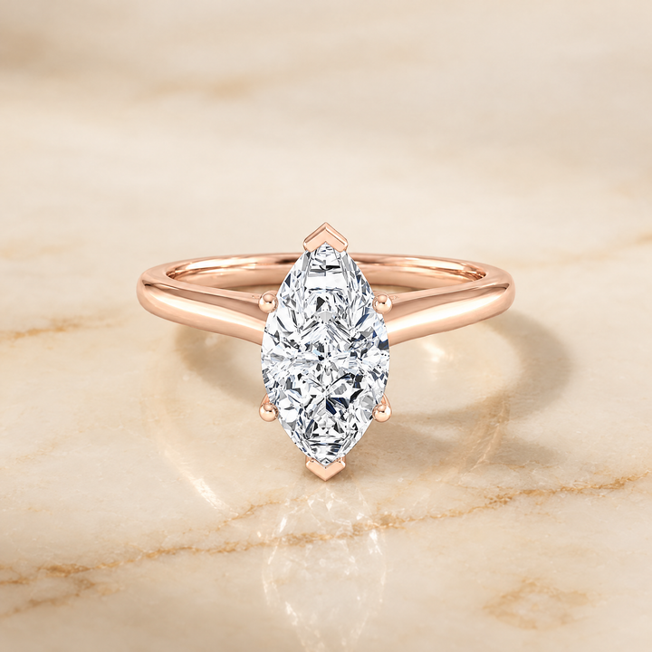 The Gladys Pinched Cathedral Solitaire Marquise Engagement Ring Setting in 14K Rose Gold