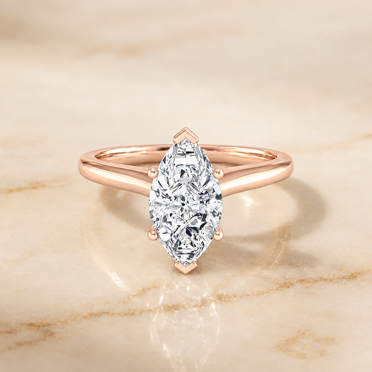 The Gladys Pinched Cathedral Solitaire Marquise Engagement Ring Setting in 14K Rose Gold