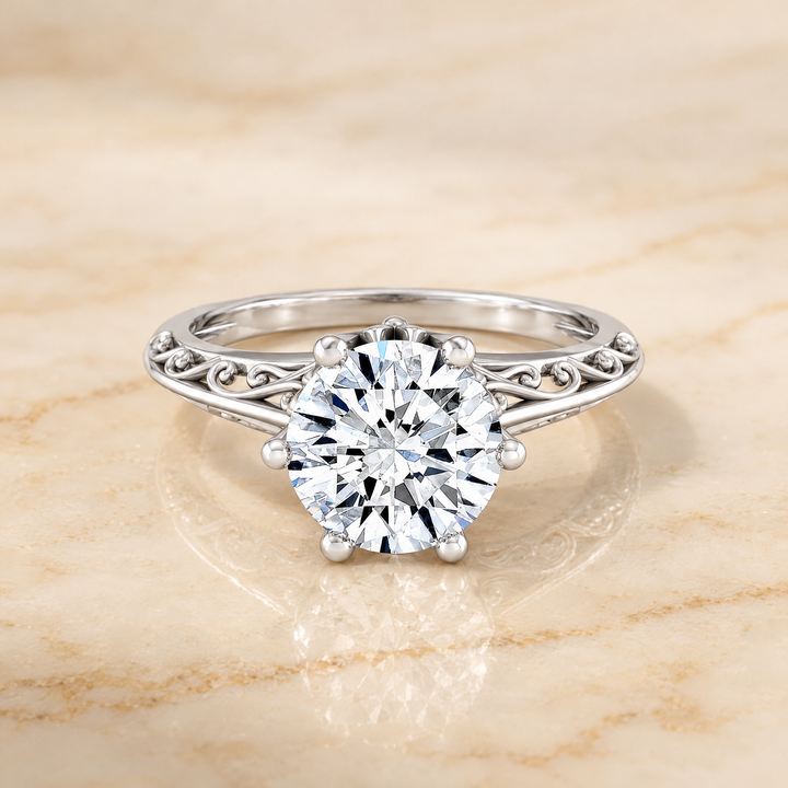 The Layla Vintage Scroll Cutout Solitaire Round Engagement Ring Setting in Platinum