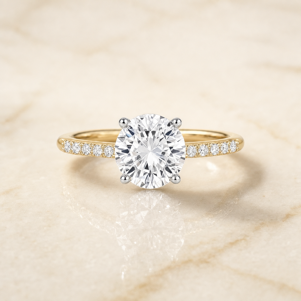 The Cherie Hidden Halo Pavé Solitaire Round Engagement Ring Setting in 18K Yellow Gold
