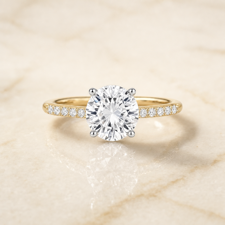 The Cherie Hidden Halo Pavé Solitaire Round Engagement Ring Setting in 18K Yellow Gold