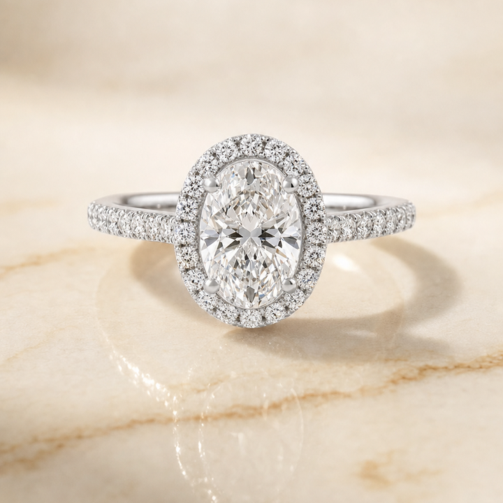 The Dylan Petite French Pavé Halo Oval Engagement Ring Setting in 18K White Gold