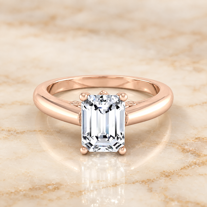 The Rio Scroll Gallery Comfort Fit Solitaire Emerald Cut Engagement Ring Setting in 14K Rose Gold