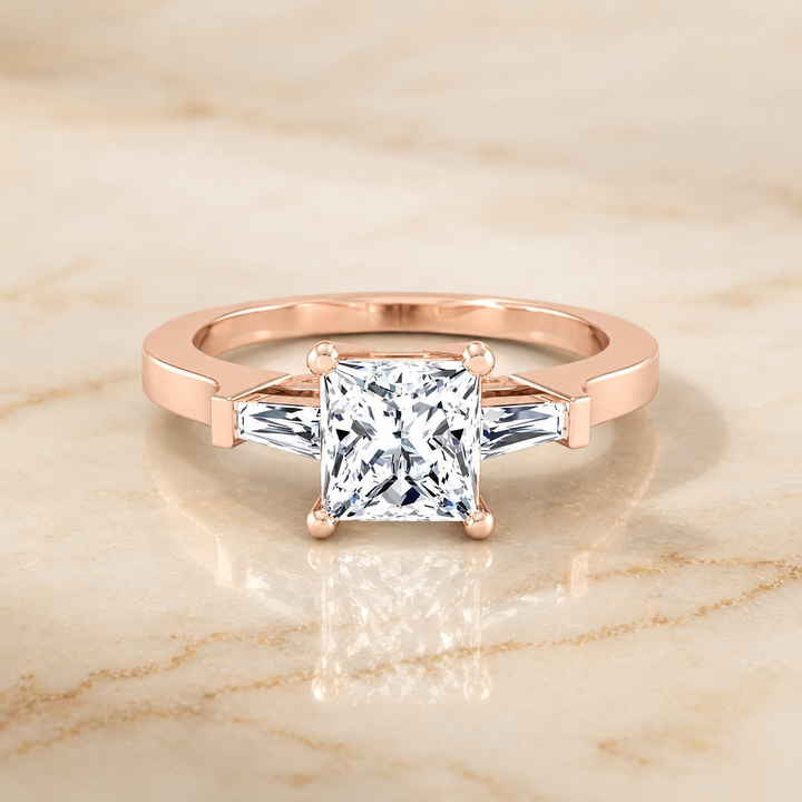 The June Three Stone Princess Cut Engagement Ring Setting in 14K Rose Gold
