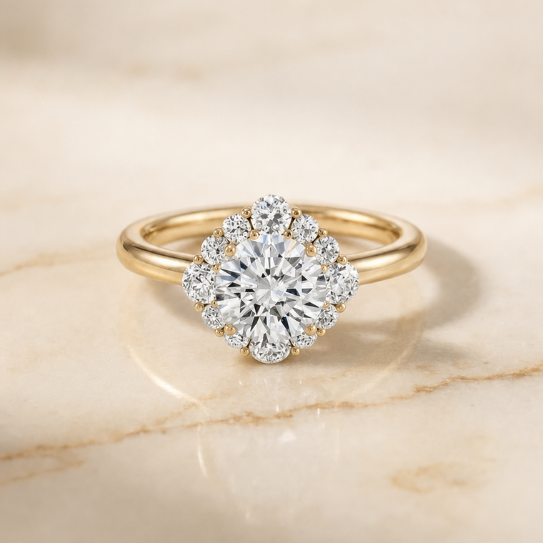 The Tionne Select Square Halo Round Lab Diamond Engagement Ring in 18K Yellow Gold