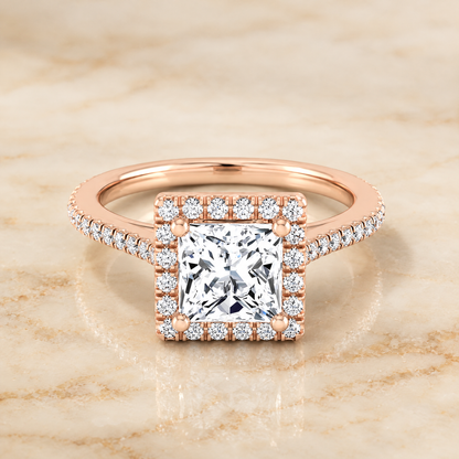 The Sonata Graduated Shank Pavé Halo Princess Cut Engagement Ring Setting in 14K Rose Gold