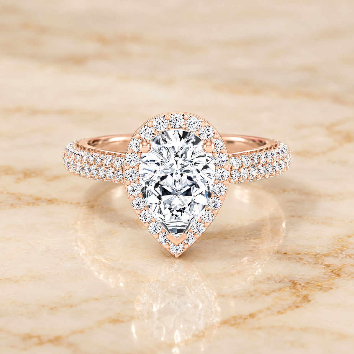 The Ella Micro Pavé Triple Row Halo Pear Engagement Ring Setting in 14K Rose Gold