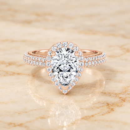 The Ella Micro Pavé Triple Row Halo Pear Engagement Ring Setting in 14K Rose Gold