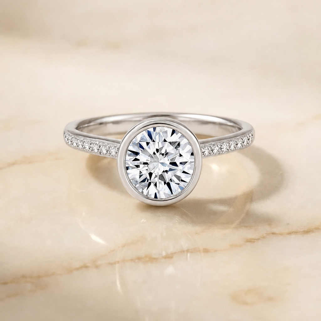 The Cappella Linear Bezel Pavé Round Engagement Ring Setting in Platinum