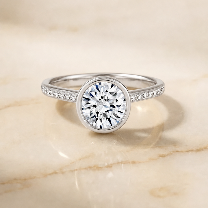 The Cappella Linear Bezel Pavé Round Engagement Ring Setting in Platinum