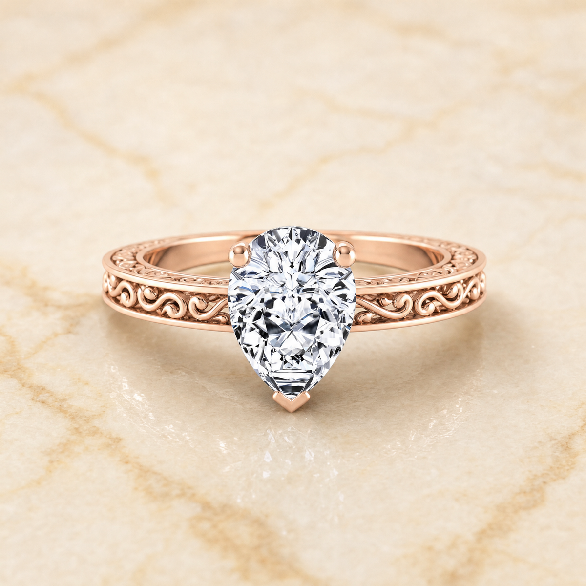 The Veronica Hand Engraved Scroll Vintage Solitaire Pear Engagement Ring Setting in 14K Rose Gold