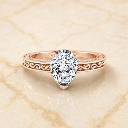 The Veronica Hand Engraved Scroll Vintage Solitaire Pear Engagement Ring Setting in 14K Rose Gold
