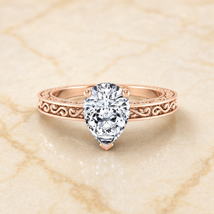 The Veronica Hand Engraved Scroll Vintage Solitaire Pear Engagement Ring Setting in 14K Rose Gold