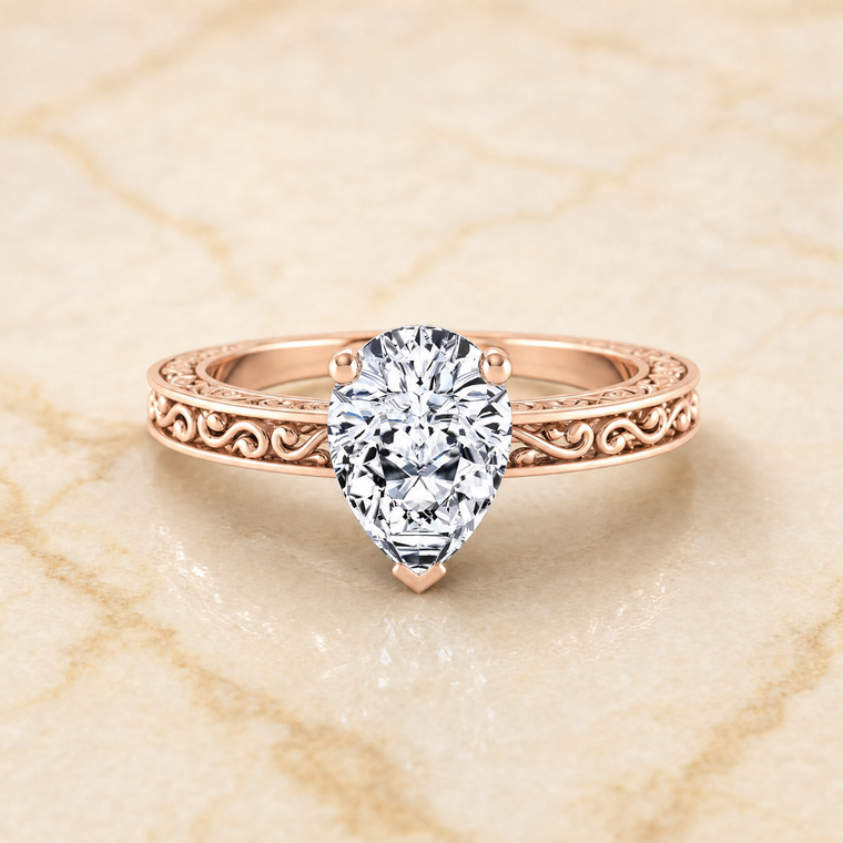 The Veronica Hand Engraved Scroll Vintage Solitaire Pear Engagement Ring Setting in 14K Rose Gold