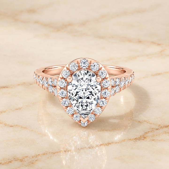 The Calliope Petite Split Shank Halo Pear Engagement Ring Setting in 14K Rose Gold