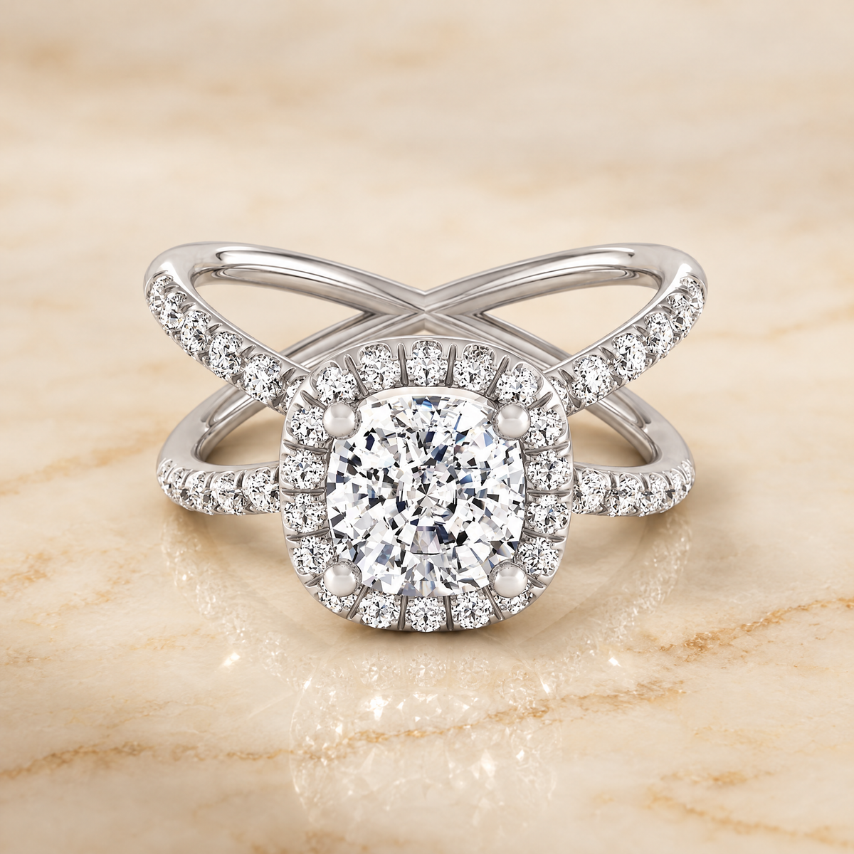 The Joan Crossover Pavé Halo Cushion Cut Engagement Ring Setting in Platinum