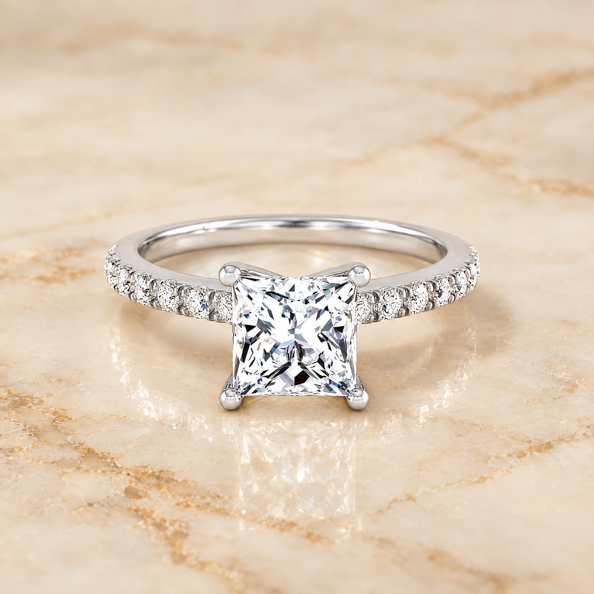 The Norah Classic Linear French Pavé Princess Cut Engagement Ring Setting in 18K White Gold