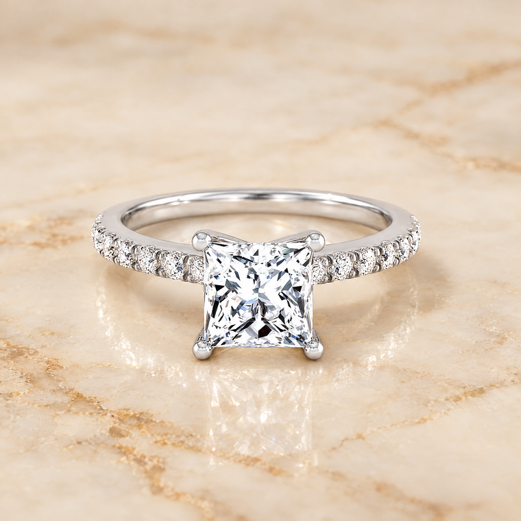The Norah Classic Linear French Pavé Princess Cut Engagement Ring Setting in Platinum