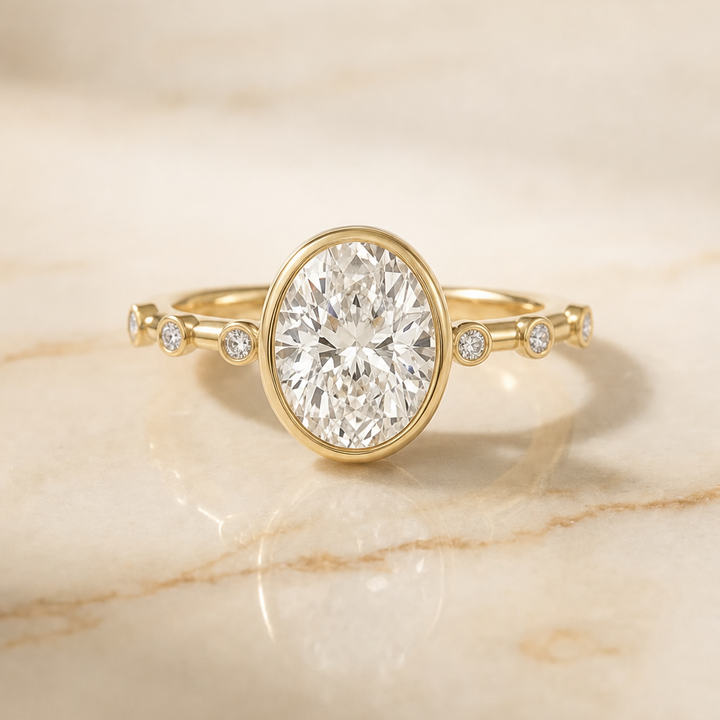The Brandi Bezel Accent Solitaire Engagement Ring Setting for Oval Diamonds in 18K Yellow Gold